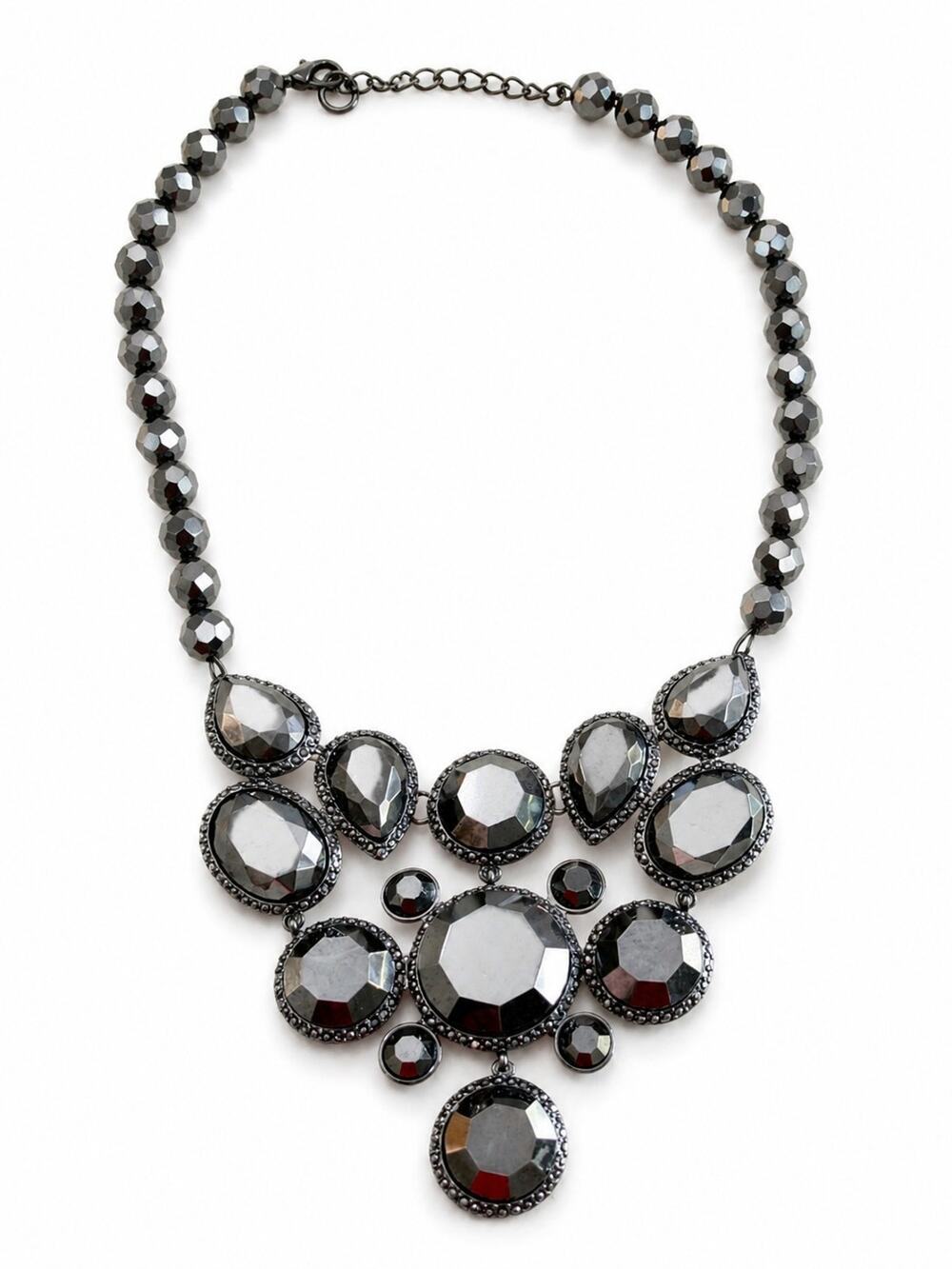 Carolee Lux Gunmetal Crystal Statement Bib Necklace Faceted Bead Hematite Grey